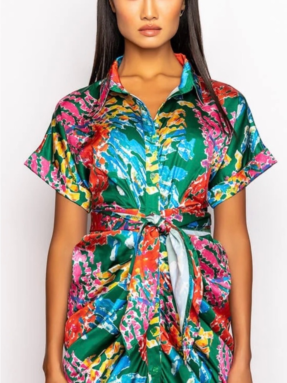 AKIRA Green Multicolor Tie-Waist Mini Shirt Dress - Picture 4 of 10